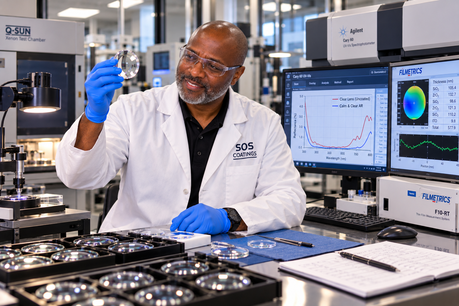 SOS Coatings engineer inspecting a clear optical lens in a measurement lab