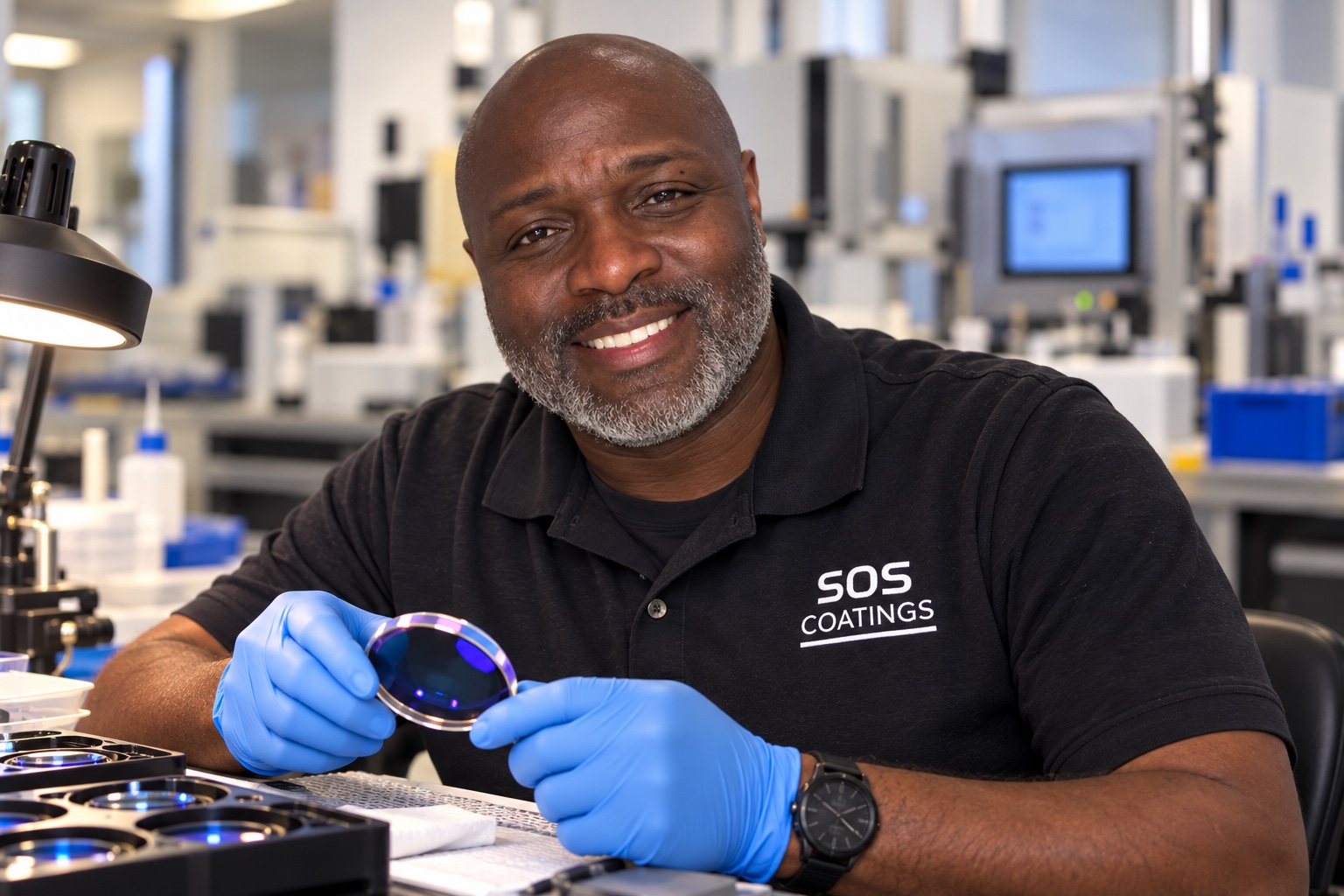 Marcus Reese holding an optical lens in a coating laboratory